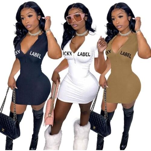 LUCKY LABLE Letter Embroidery Knitted Mini Dress Sexy Deep V Neck Short Sleeve Zipper Up Dress Nightclub Party Bodycon S-XXL