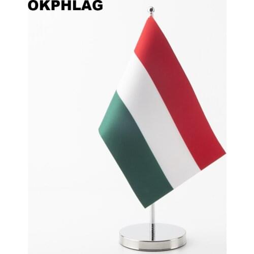 Hungary Table Flag with Silver Flagpole Base Country Desk Banners 14*21CM for Official Meeting KS-0194