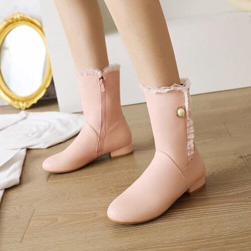 YQBTDL JK Cute Lace Stitching Lolita Student Ankle Boots Womens Pearl Low Heels 2022 Fall Winter Cosplay Shoes Plus Size 34-45