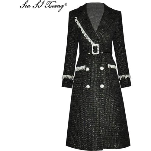 Seasixian Fashion Designer Autumn Winter Wool Blend Outwear Women Luxurious Crystal Double Breasted Beading Long Sleeve Outwear