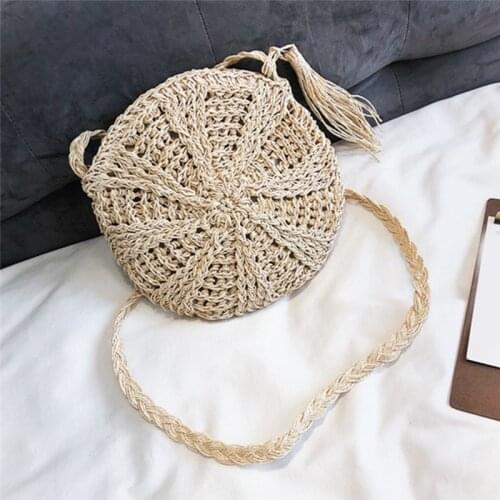 Women Shoulder Bag Round Circular Rattan Wicker Straw Woven Zipper Summer Beach Basket Purse Female Handbag Fashion