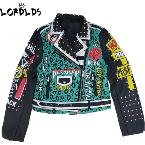 LORDLDS Green Leather Punk jacket 2019 New Hip hop Streetwear Queen Letter print studs Jacket and coats for woman