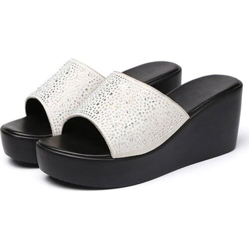 Summer Slippers Women Sandals 2021 Fashion Rhinestone Peep Toe Platform High Heels Shoes for Women Wedges Large Size 41 Slides