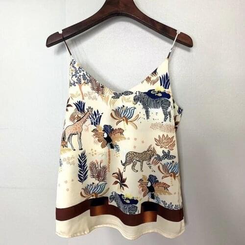 New National Style Spring Summer Women Sexy Spaghetti Strap Tank Top Vintage Print Camis Femme chiffon V Neck Tops