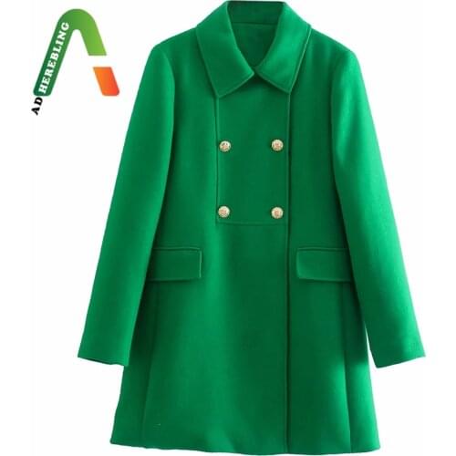 Adherebling Za Woman 2021 Casual Traf Coats Autumn Winter Double Breasted Thicken Green Jacket Flap Pockets Longline Overcoats