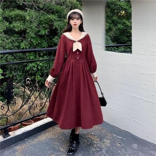 Long Sleeve Dress Women Peter Pan Collar New Korean Style Sweet College Female Harajuku Fashion Chic Patchwork Loose A-line Bow