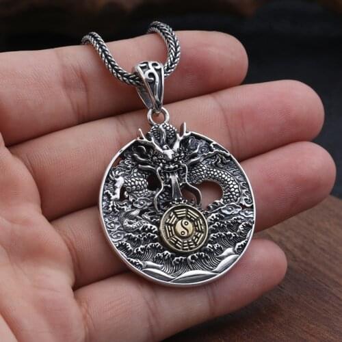 100% 925 Sterling Silver color pop jewelry engraved Thai silver pendant man Jiugong gossip Tenglong pendant mans pendant