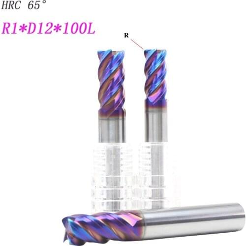 2pcs 12mm hrc65 12R1 R0.5*D12*100L solide Carbide tungsten 4 Flutes Corner Radius End mill CNC Spiral Router bits Milling Tools