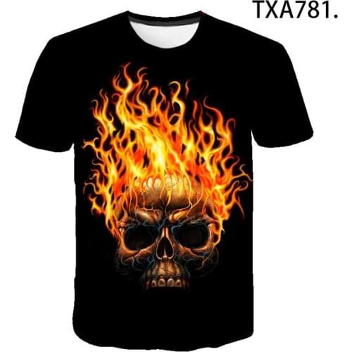 2021Summer Fire and skull 3D Casual Streetwear Men Women Children Fashion Short Sleeve Boy Girl Kids Casual Printed Cartoon Tee