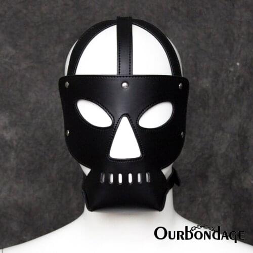 Ourbondage PU Leather Adjustable Robot Shape Head Bondage Strap Harness With Collar For Men Women Fetish BDSM Couples