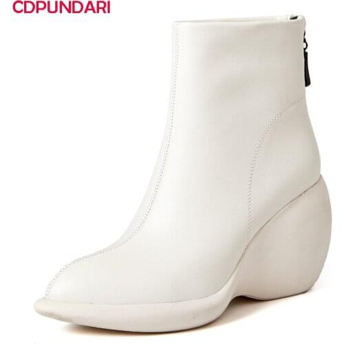 White Black Genuine Leather Wedges Platform Ankle Boots Women Autumn Winter Super High Heels Boots Shoes Bottes Plateforme Femme
