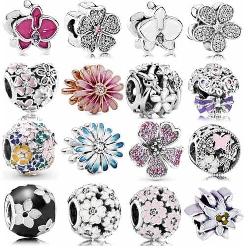 DIY Charm Peach Blossom Daisy Orchid Flower Primrose Meadow 925 Sterling Silver Bead Fit Fashion Bracelet Jewelry