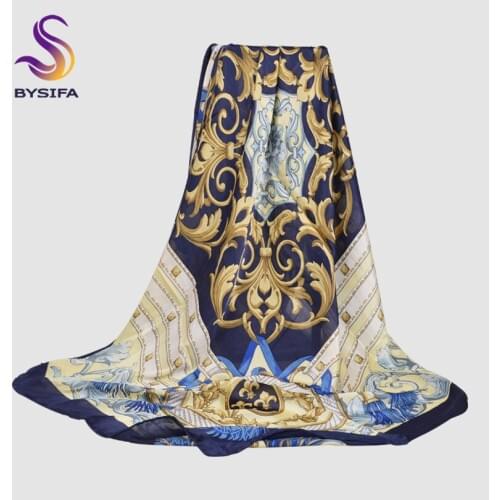 [BYSIFA] Women Autumn Winter Square Scarves Headscarves Brand Tope Grade Blue And Khaki Muslim Ladies Silk Head Shawl Scarf Cape