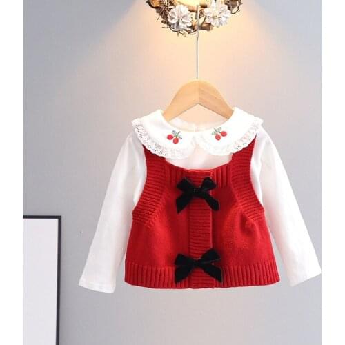 Fashion Sweet Autumn Kids Children Girls Knitwear Waistcoat Tank Outwear Knitting Bow Camis Sweater Tops S12881