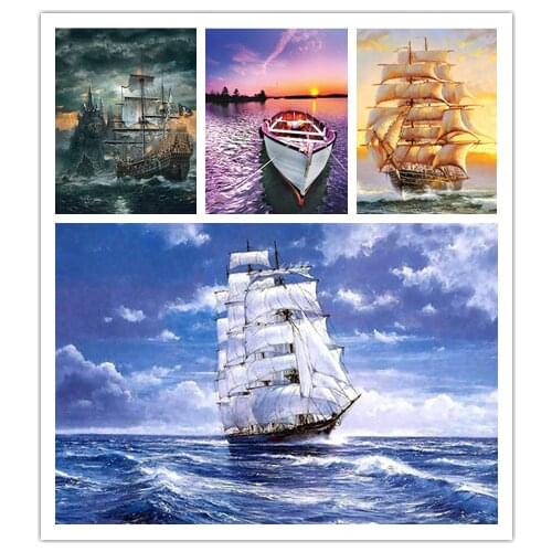 Diy Diamond Embroidery Landscape Sailboat Home Decoration Square/Round Diamond Painting Round Mosaic Decoration Needlework Gift