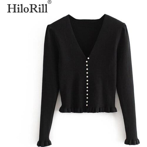HiloRill Solid Chic Knitted Cardigan For Women 2021 V Neck Long Sleeve Casual Black Top Ruffle Buttons Ladies Sweater Tops
