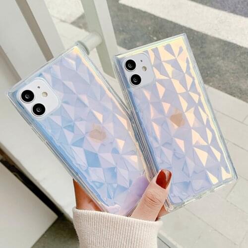 Ottwn Laser Diamond Texture Square Phone Case For iPhone 12 Pro Max 11 Pro Max X XR XS Max 7 8 Plus SE 2020 Clear Soft TPU Cover