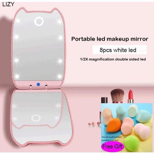 LIZY LED Makeup Mirror Portable Fold LED Mirror Hand Held Travel Mirror Touch Switch 1/2X Magnification Cosmetic Mirrors