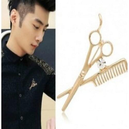 Trendy Fashion Jewelry Scissors Crystal Brooch Decorative Accessories Barber Brooch Men Brooch Scissors Comb Small Suit Pin