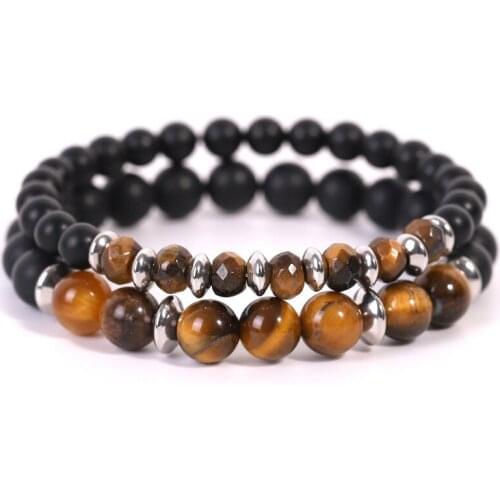 1 set Retro Natural Stone Beaded Bracelets Male Jewelry Stainless Steel Sapcer Charm Natural Yellow Tiger Eye Stone Bracelets