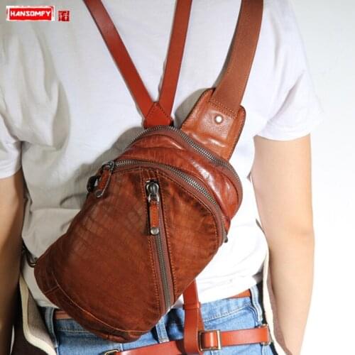 Handmade retro mens chest bag leather bag leather messenger bag men casual shoulder bag multi-layer zipper soft leather bags