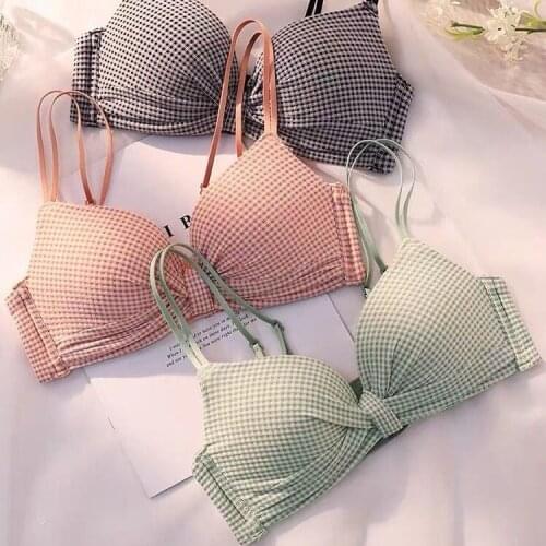 Sweet Underwear Women Sexy Comfort Wireless Push Up Bras Japanese Cute Bra Ladies Brassiere Plaid Backless Bra Pink Lingerie