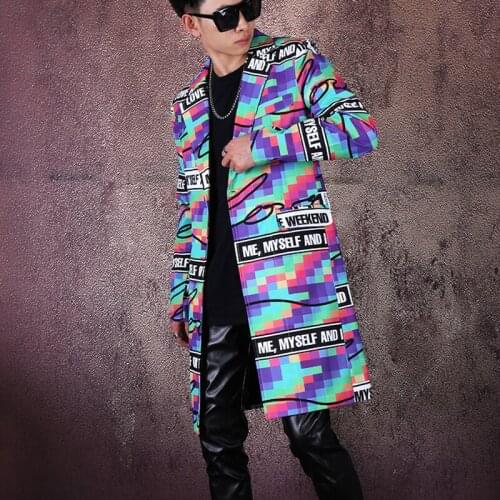 New men Colorful Plaid prints Suit male Medium long Suit Jacket Nightclub hair stylist the host stage performance coat