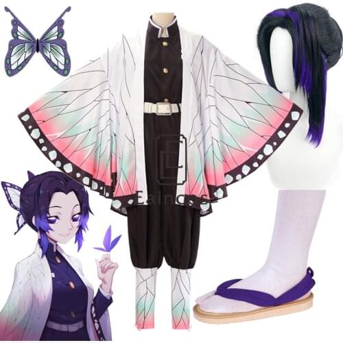 Anime Demon Slayer Kimetsu no Yaiba Kochou Shinobu Cosplay Costume Wig Kimono Halloween Party Women Uniform