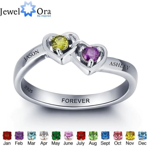 Personalized Engrave Birthstone Heart Ring 12 Colors Stone 925 Sterling Silver Classic Cubic Zirconia Ring (JewelOra RI101958)