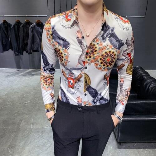Fit Casual Slim Designer Vintage Shirts Mens Retro White Night Club Outfits Social Flowers Shirts Men Camisa Dress Mens Shirts