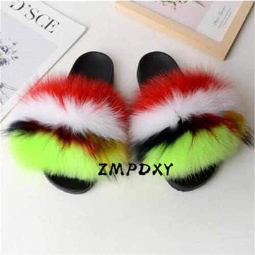 Womans Winter Fox Fur Slippers Childrens/Kids Fluffy Raccoon Hair Slides Cute Furry Flip Flops Warm Plush Shoes Fur Sandals