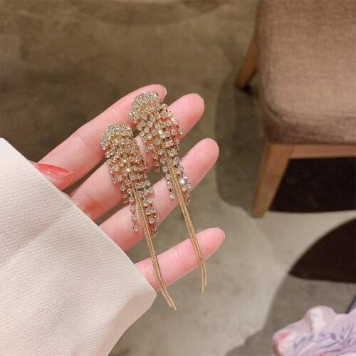 ZDMXJL French Fashion High Class Women Earring Rhinestone Crystal Long Tassels Ear Clip Dangle Earrings Wedding Jewelry Gifts
