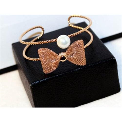 Fashion Pretty Bow Cuff Bracelet Elegant Gold Color Simulation Pearl Open Bangles For Women Bijoux Jewelry Gift