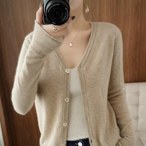 Womens Cardigan Knitted Sweater Female Long Sleeve V-neck 100% Wool Cashmere Jacket Autumn Spring Loose Coat Plus Size Casual