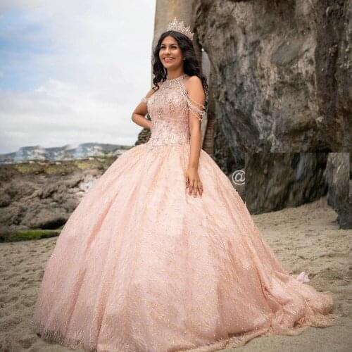 Rose Gold Crystal Beading Ball Gown Quinceanera Dresses Sparkly Off The Shoulder Lace Up Back Sweet 16 Dress Vestido De 15 Anos