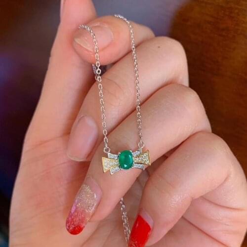 Natural green Emerald gem Necklace natural gemstone Pendant Necklace S925 silver Sweet Symmetric Bow women party gift Jewelry
