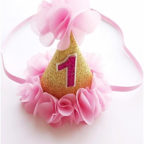 10pcs Fashion Cute Glitter Pink 1st Birthday Party Cap Hairbands Solid Kawaii Gauze Floral Lace Hat Headbands Hair Accessories