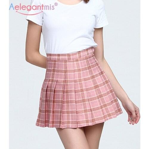 Aelegantmis Plaid Pleated Skirt Women 90s Mini Skirt High Waist Lolita Style Korean Short Tennis Skirts with Shorts Underneath