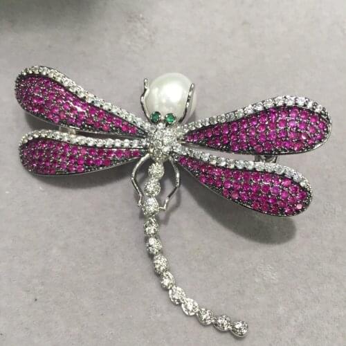 Insect dragonfly brooch rose red color white fresh water pearl copper with cubic zircon fashion women jewelry free shipping