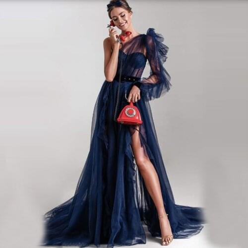 Elegant Navy Blue One Shoulder Long Sleeves Tulle Formal Dresses With Slit See Thru Plus Size Long Train Maxi Gowns