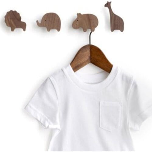 Cute Animal Oak Walnut Wood Solid Hooks Elephant/Giraffe/Hippo/Lion Kids Room Decor Wall Key Holder Bag Clothes Hanger Ornament