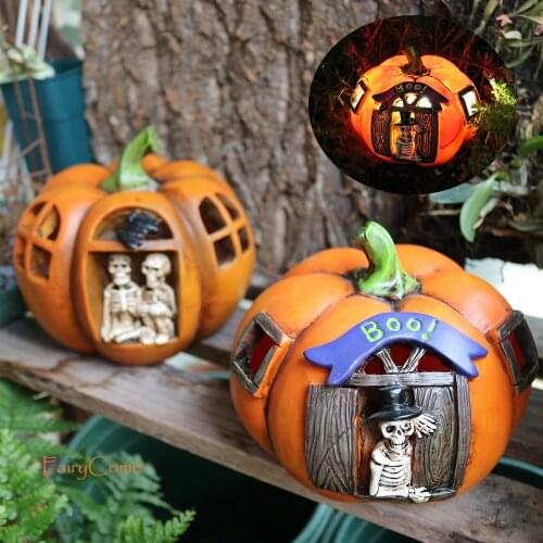 Halloween Pumpkin Skeleton House LED Miniature Halloween Garden Figurine Accessories Scary Fairy Garden Mini Decoration Ornament