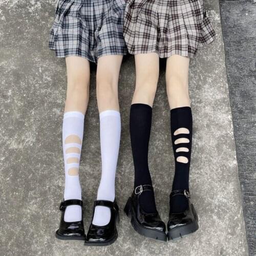 Fashion Black Hole Stockings Women Asymmetry High Knee Socks Female Velvet Long Socks Leg Summer Dress Calcetine Medias