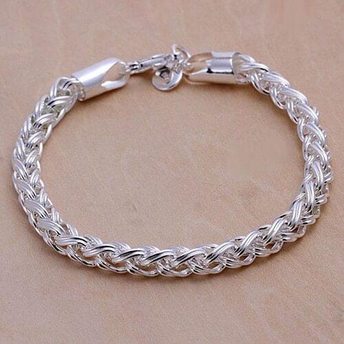 Fashion Womens Chic Simple Silver Plated Knotted Braided Chain Bangle Bracelet Nice Gift for Girlfriend