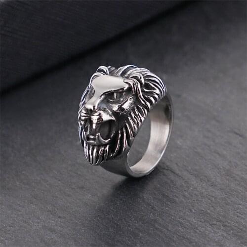 Personality punk lion head ring mens stainless steel ring