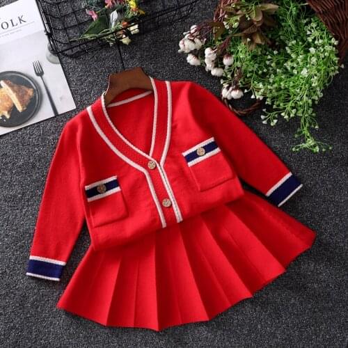 New Arrival Girls Fashion Knitted Clothes Set Spring Fall Childrens Wear Baby Kids Knit Cardigan + Pleated Skirt 2 Pcs Suit P41
