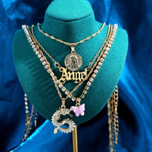 Punk Gold Color Multilayer Necklace Angel Letter Crystal Dragon Portrait Coin Butterfly Charms Chain Tennis Necklace Jewelry