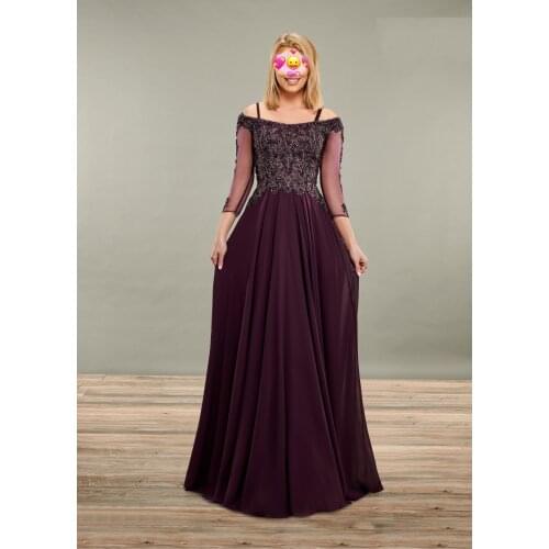 Illusion Sleeve Chiffon Purple Mother Of The Bride Dress Appliques Beads Wedding Guest Dress 2020 Vestidos De Novia Madrinha