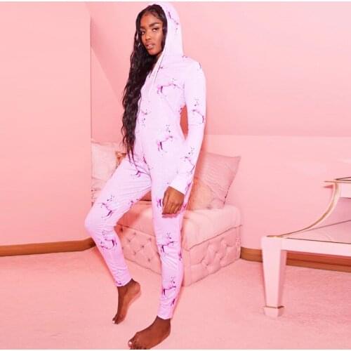 Christmas Women Onesis Hooded Jumpsuit Long Sleeve Zip Up Animal Print One Romper Pajamas Sleepwear Loungewear Nightwear Xmas