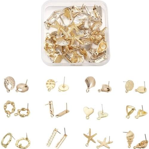 48pcs Alloy Stud Earring Findings Flat Round Heart Starfish Scallop Spiral Shell Style Ear Stud Components For Jewelry Making